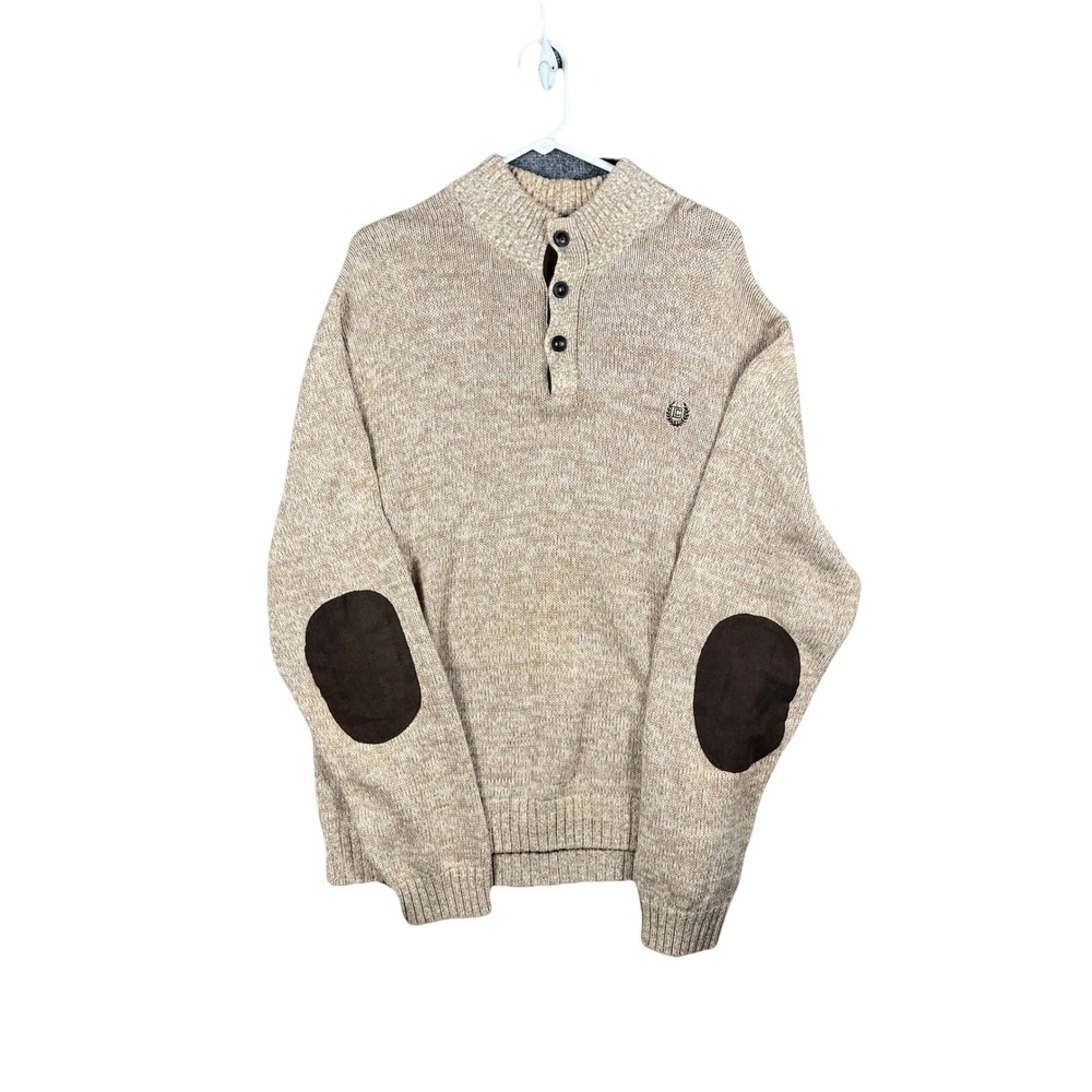 Chaps Men's Tan Speckled Knit Mock‎ Neck Button Sweater Elbow Patches XXL